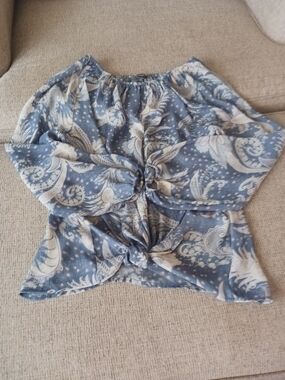 Chaps Blue and Cream Paisley Off-Shoulder Tie-Front Blouse